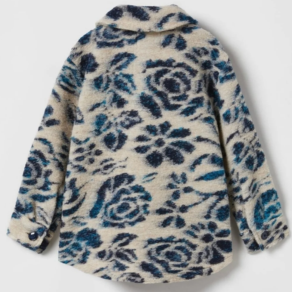 Zara Wool Blend Blue And Cream Structured Floral Overshirt Shacket Size 11 / 12